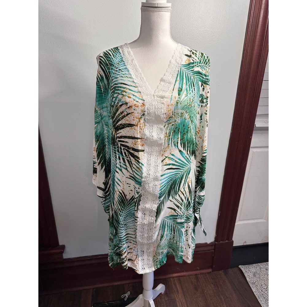 Fashion Nova  Palm and Sand  Print Cover Up Green/ Combo White Lace Trim Beach